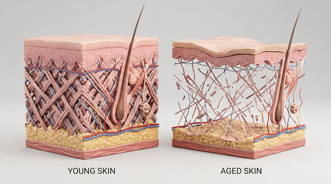 Young and aged human skin comparison showing dense versus weakened collagen and elastin networks, illustrating skin aging, elasticity loss and dermatology concepts.