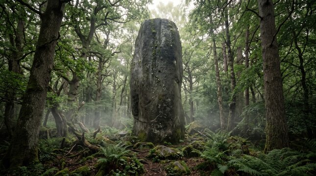 Ancient stone monolith standing in a misty forest, mysterious megalith in woodland.