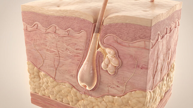 Human skin cross section with single hair follicle and sebaceous gland, showing epidermis, dermis and subcutaneous fat for dermatology and hair anatomy study.
