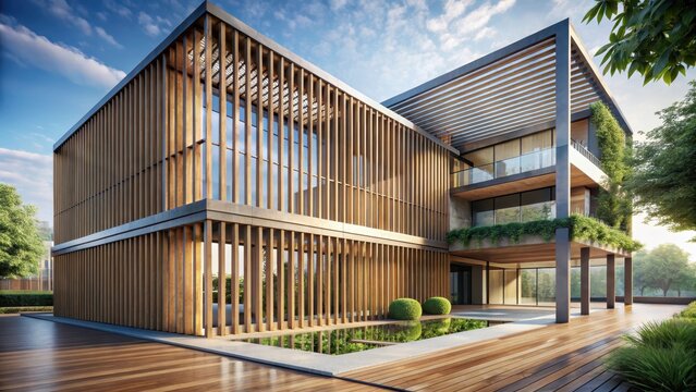 Wooden slats juxtapose with sleek smooth concrete in a striking modernist building that embodies ecofriendly architecture principles