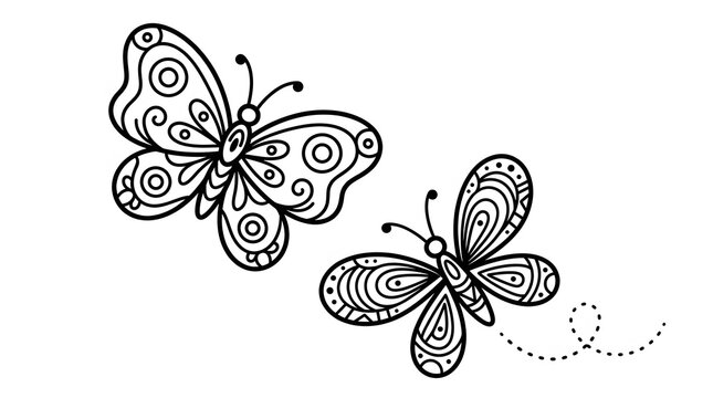Butterfly line art drawings with ornate patterns are isolated on a white background.