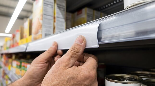 Supermarket worker attaching plastic price tag strip on shelf