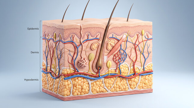 Detailed human skin anatomy cross section with hair follicles, blood vessels, glands, nerves and fat layers for dermatology, biology and healthcare education.