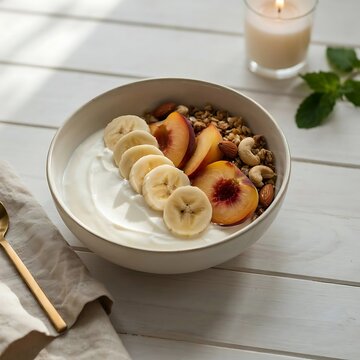 Healthy breakfast bowl with yogurt sliced bananas peaches nuts and granola on white wooden table