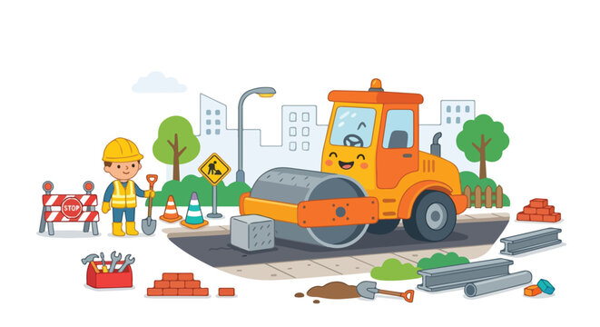 A cute cartoon illustration of a construction worker standing near a cheerful yellow road roller on a paved city street.