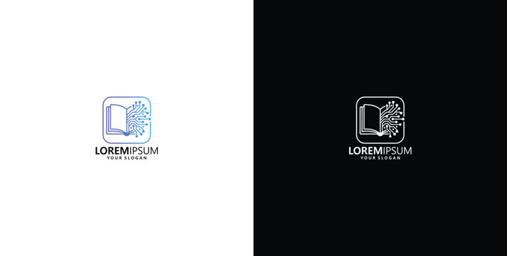 Modern digital book logo design featuring an open book and data elements for education technology