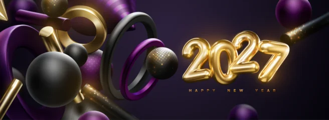 Happy New 2027 Year holiday sign. Vector illustration of golden numbers 2027 and abstract flowing geometric 3d shapes. Festive poster or banner design. NYE party invitation © maximmmmum