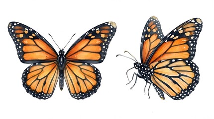 Obraz premium Monarch butterfly illustrations display open and closed wing positions on a plain white background.