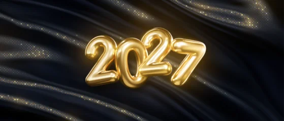 Happy New 2027 Year festive banner. 2027 golden metal sign. Vector holiday illustration. Gold numbers on black glittering fabric background © maximmmmum