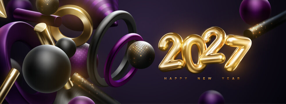 Happy New 2027 Year holiday sign. Vector illustration of golden numbers 2027 and abstract flowing geometric 3d shapes. Festive poster or banner design. NYE party invitation