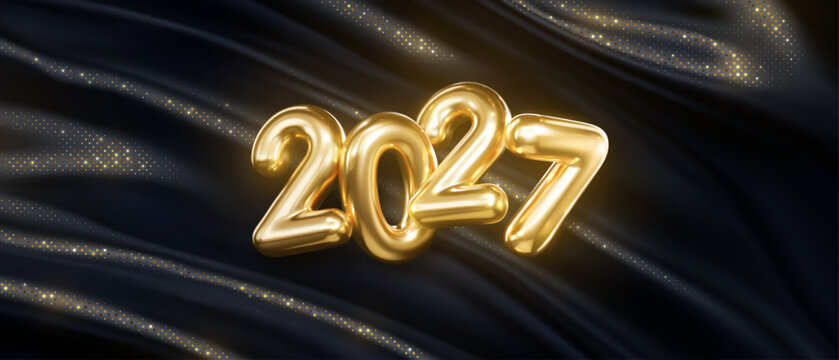 Happy New 2027 Year festive banner. 2027 golden metal sign. Vector holiday illustration. Gold numbers on black glittering fabric background