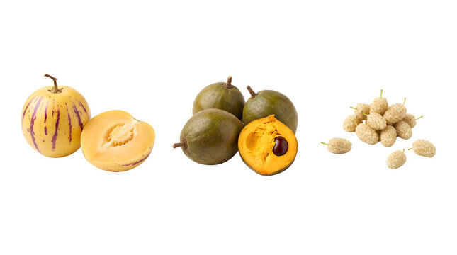 Exotic tropical fruit collection, pepino melon with lucuma and white mulberries, fresh organic superfoods on white background