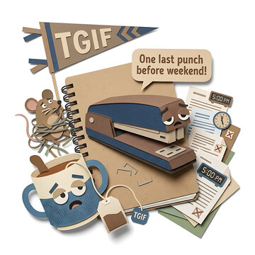 Cute Paper Cut Exhausted Stapler and Coffee Mug Characters with TGIF Pennant Banner Isolated on White Background