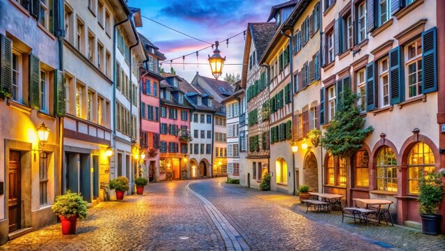 A charmingly lined street in medieval basel streetside streets lined with colourful buildings and twinkling fairy lights