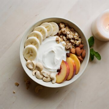 A delicious and healthy breakfast bowl filled with yogurt fruit nuts and granola