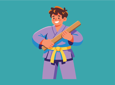 Martial artist holding wooden sword happily