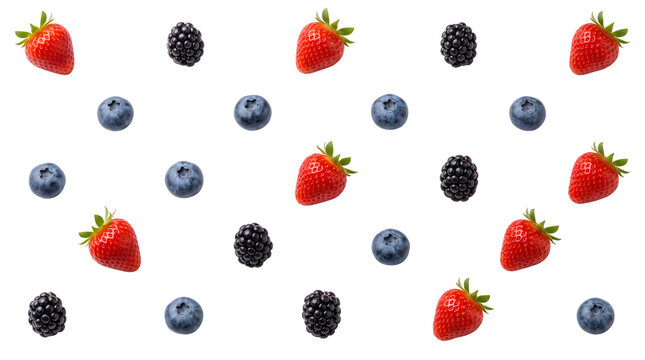 Fresh berry pattern with strawberries, blueberries and blackberries. Seamless fruit background on white. Healthy organic summer food wallpaper.
