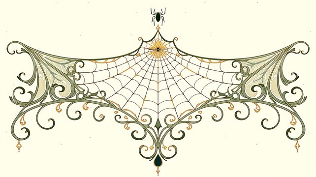 Victorian illustration of an intricate spider web banner with scrollwork, hanging arachnid, and gold accents for Halloween invitations and gothic borders.