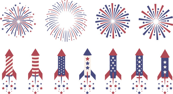 Set of patriotic fourth of july fireworks and rocket illustrations with stars and stripes elements isolated on white
