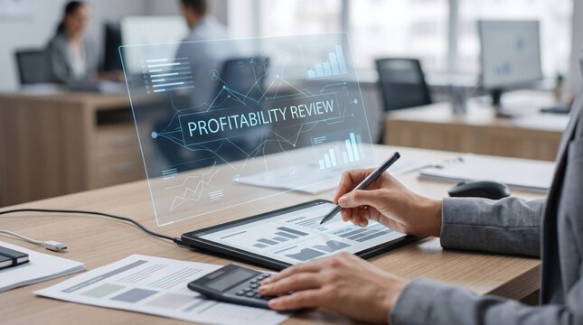 Professional commercial photograph of finance professionals reviewing profitability data on tablet, calculator, and printed reports, captured in a believable contemporary setting, detailed compo.