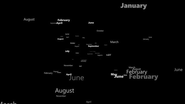 Kinetic typography animation of months flying on black background