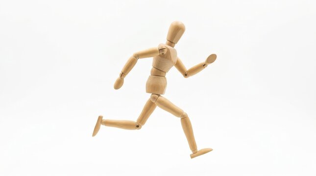 Wooden figure running across a white studio background