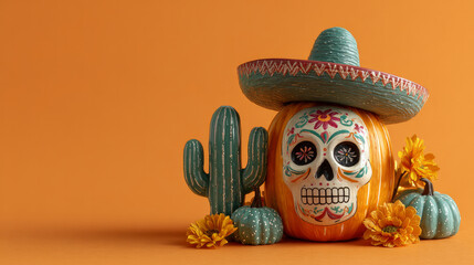 Fototapeta premium Decorative Halloween Pumpkin with Painted Skull, Sombrero, Ceramic Cactus and Flower, Mexican Day of the Dead Concept