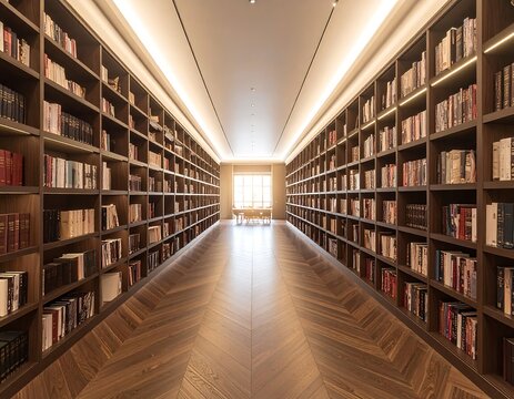 A grand modern bookstore interior with tall wooden shelves filled with thousands of books and bright window light at the end. Ideal for education and library concepts.