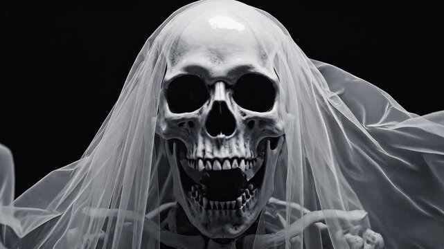 ghost evil skull figure white shroud floating dark background halloween horror spooky spectral apparition scary ethereal entity haunted motion video. Spooky skeletal bride wearing a white veil isolate