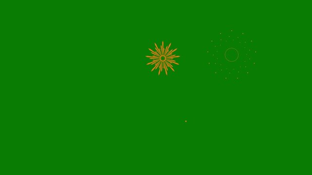 Dynamic circle fireworks blast animation featuring hand drawn doodle explosions, white line shapes, glowing sparks, shiny glitter trails, flat vector effects, motion graphics, green background 4k