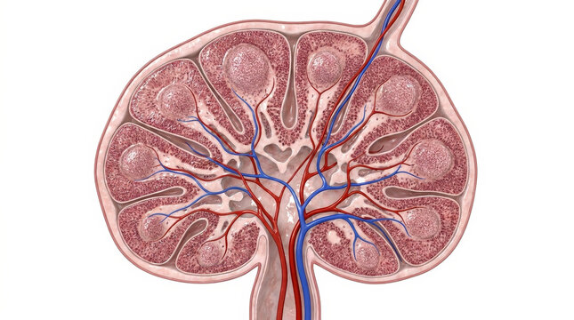 Cross-section of kidney showing blood vessels within the renal tissue