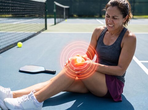 Mid adult woman clutching her knee in pain while sitting on an outdoor pickleball court with red concentric rings indicating severe joint injury