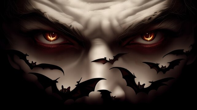 Dark demon with fiery glowing ember eyes and flying bats close-up, ominous Halloween horror illustration, thriller cover for spooky poster and banner