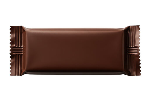 Small rectangular chocolate bar in brown snack wrapper isolated on transparent background