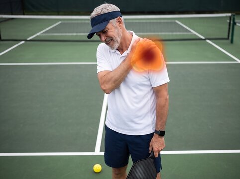 Senior male athlete experiencing chronic rotator cuff tendonitis and acute shoulder joint pain while standing on a pickleball court with an orange pain graphic overlay illustration