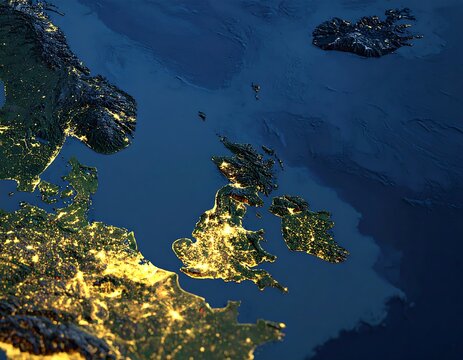 A detailed topographical relief map of the United Kingdom and Europe featuring glowing night city lights from an aerial perspective. Ideal for geography projects and geopolitical presentations.
