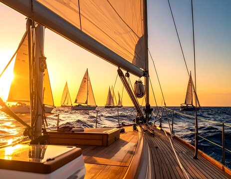 A fleet of elegant sailboats navigating calm ocean waters during a golden sunset from the deck of a yacht. Ideal for travel marketing and luxury adventure concepts.