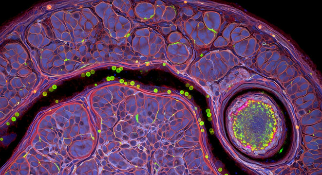 Fluorescence microscopy cross section showing biological tissue structure and cell detail