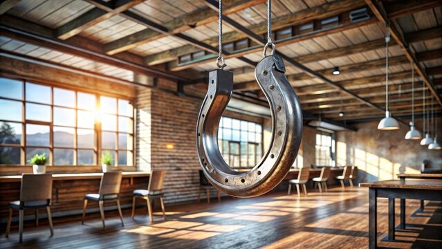 A gleaming horseshoe magnet suspended from the ceiling of a rustic industrialchic office represents unwavering leadership