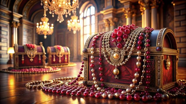 A delicate necklace glimmers with lustrous rubies and intricate filigree amidst velvetdraped antique chests at an opulent ballroom