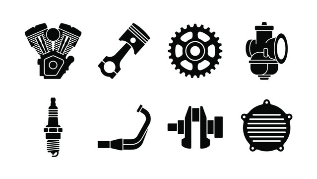 Motorcycle engine and mechanical parts icon set with piston carburetor spark plug and exhaust pipe