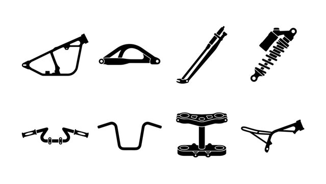 Custom motorcycle chassis and suspension parts icon set with frame swingarm fork shock and handlebar