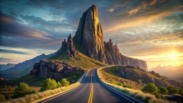 A meandering asphalt serpent ascends a craggy geometric monolith whose peak rises like a logarithmic curve
