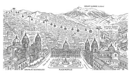 Obraz premium Detailed Line Art Cityscape of Manila, Philippines with Cable Cars and Landmarks