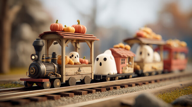 Halloween Ghost Train with Spooky Cars and Pumpkins, Haunted Ride and Scary Holiday Concept