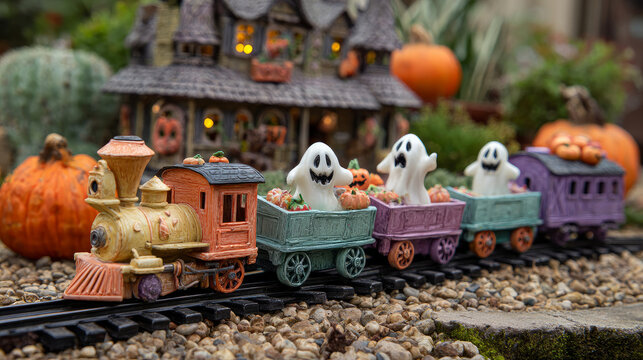 Halloween Ghost Train with Spooky Cars and Pumpkins, Haunted Ride and Scary Holiday Concept