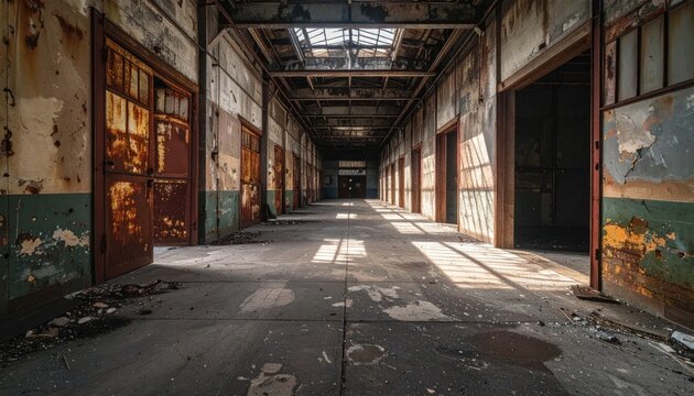 Abandoned Industrial Hallway with Rusted Doors and Sunlight Beams