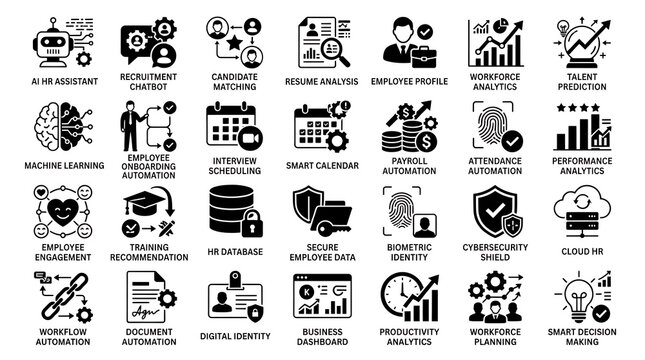 Human resources automation icons set features artificial intelligence recruiting and management symbols.