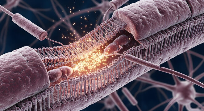 Microscopic visualization of nerve damage showing cellular disruption and energetic discharge, representing neurological processes and potential pathways for regeneration