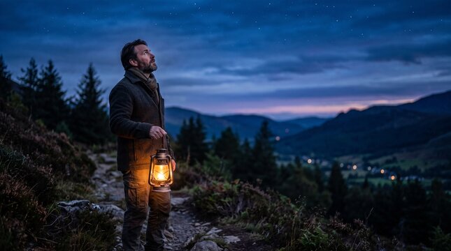 Man holding an old lantern walks on a mountain path at dusk looking at the starry sky